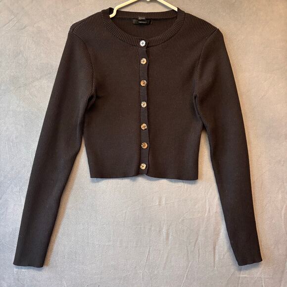 Forever 21 Ribbed Crop Top Sweater Cardigan Button Womens Large Preppy Y2K Comfy - Picture 1 of 9